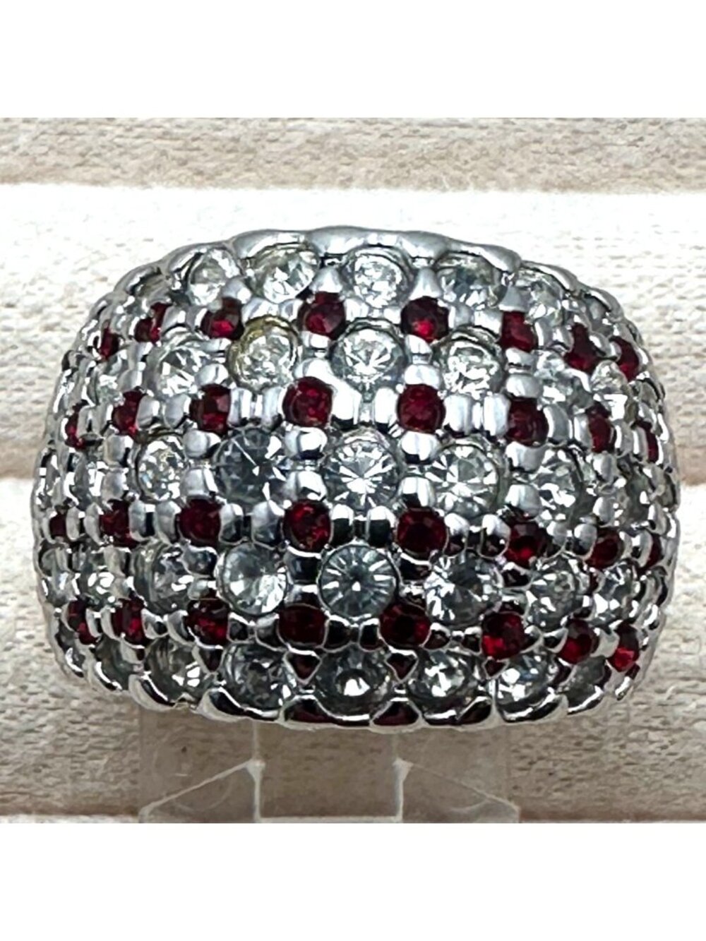Vintage Nolan Miller Ring Gold Plated Size 8 Red Clear Crystals Wide Band